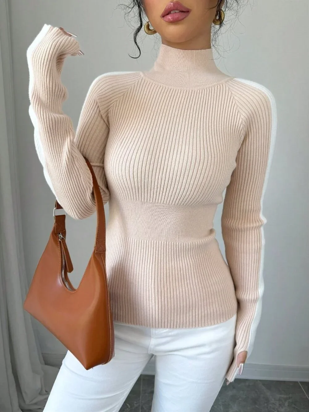 Khaki Casual Women's Colorblock Stand Collar Minimalist Knit Sweater